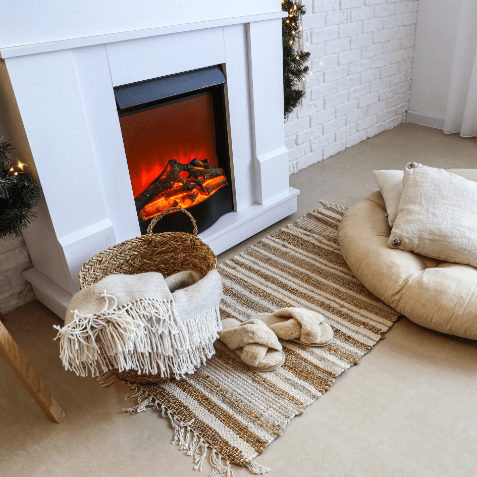 A white fireplace with holiday garlands. A rug, a basket with a cozy blanket, slippers, and a floor pillow sit adjacent to the fireplace.